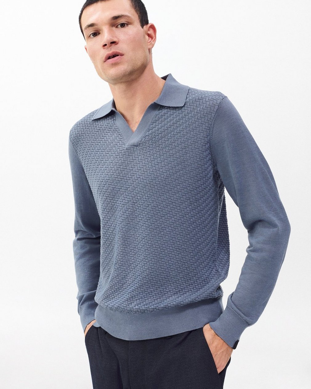 Charles Johnny Collar Wool Polo Blue