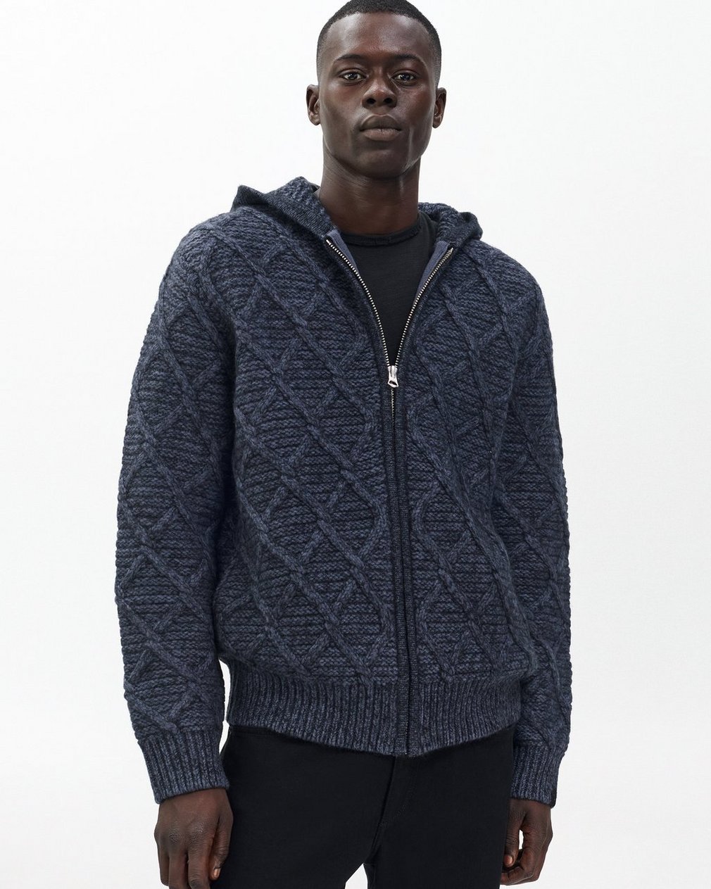 Cable-Knit Full-Zip Hoodie Navy Multi