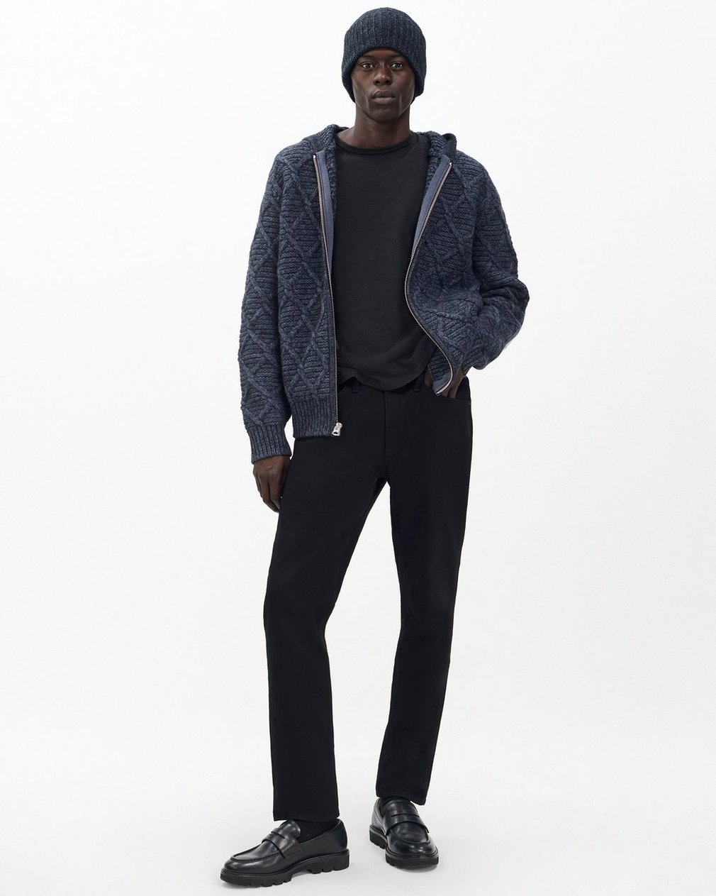 Cable-Knit Full-Zip Hoodie Navy Multi - Image 3