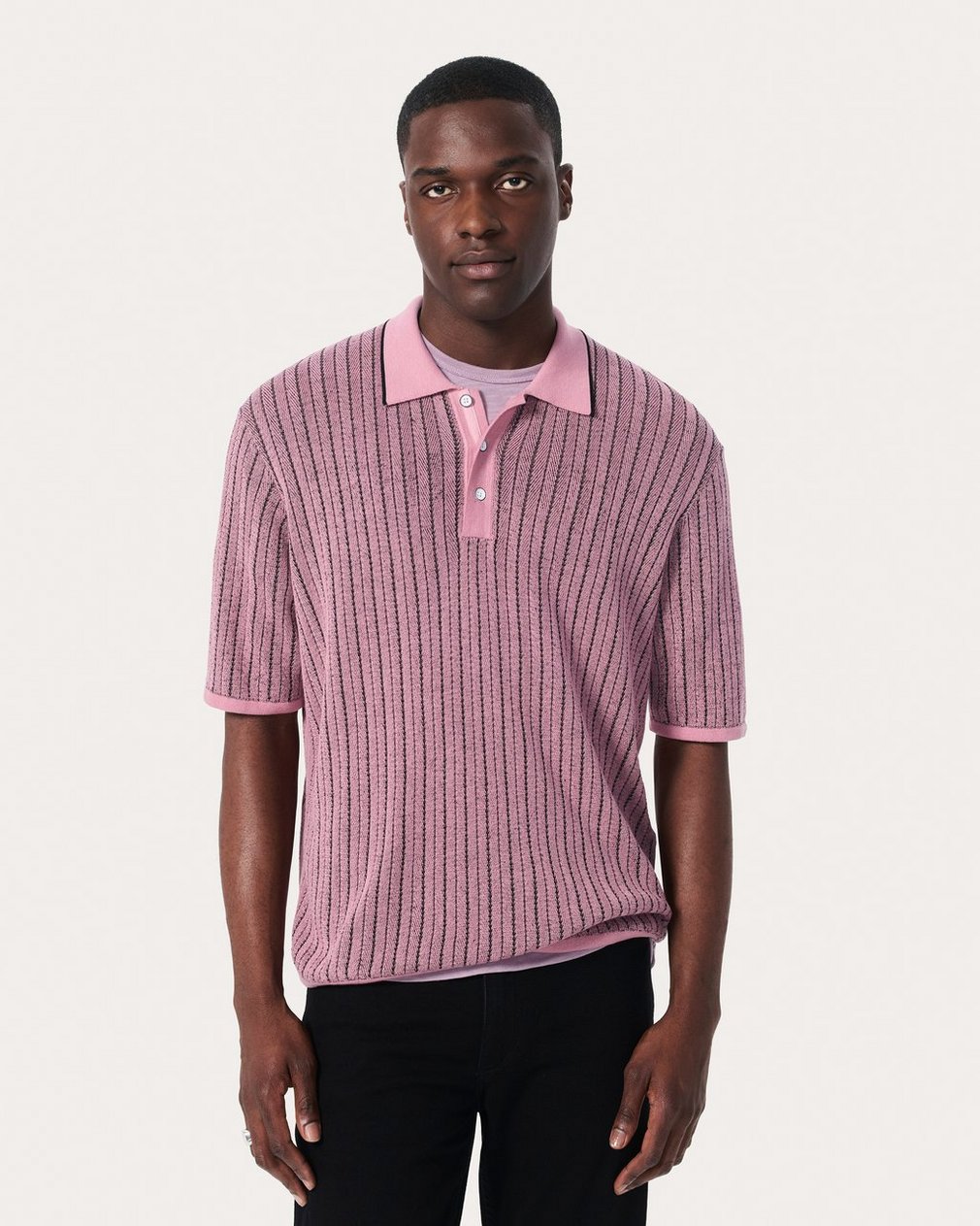 Harvey Striped Knit Polo Shirt Grape - Image 2
