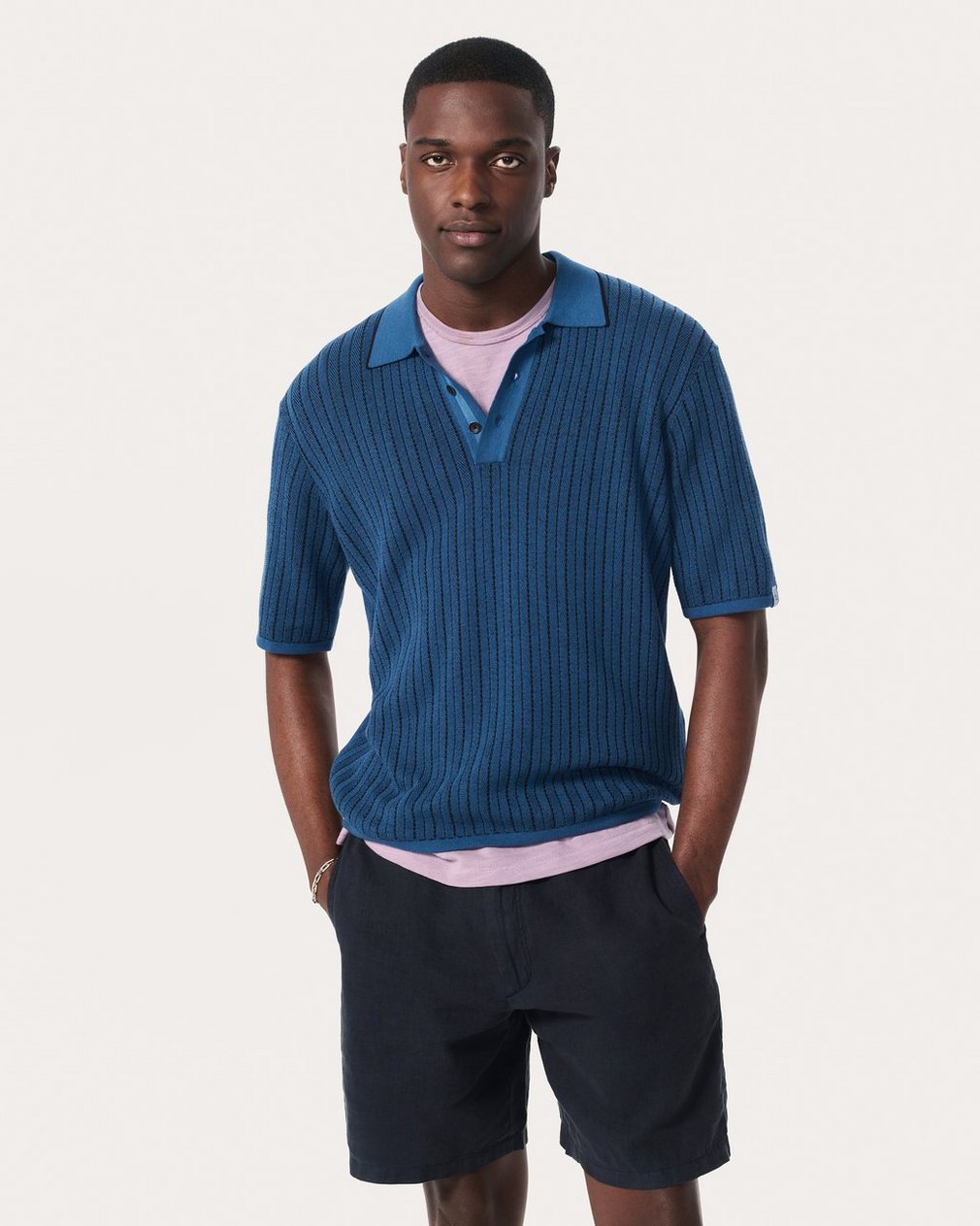 Harvey Striped Knit Polo Shirt Moonlight - Image 2