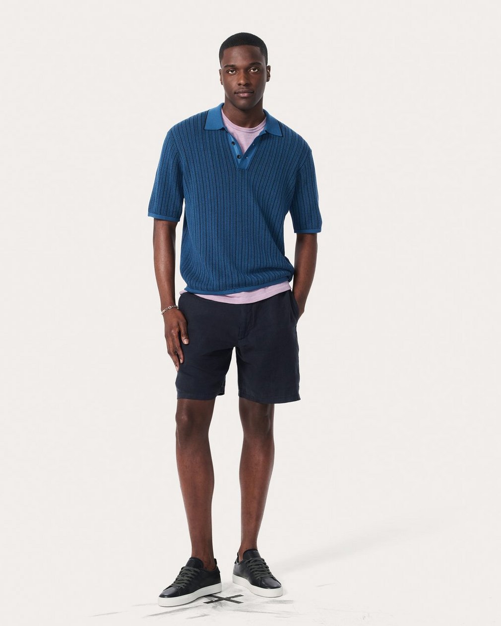 Harvey Striped Knit Polo Shirt Moonlight - Image 3