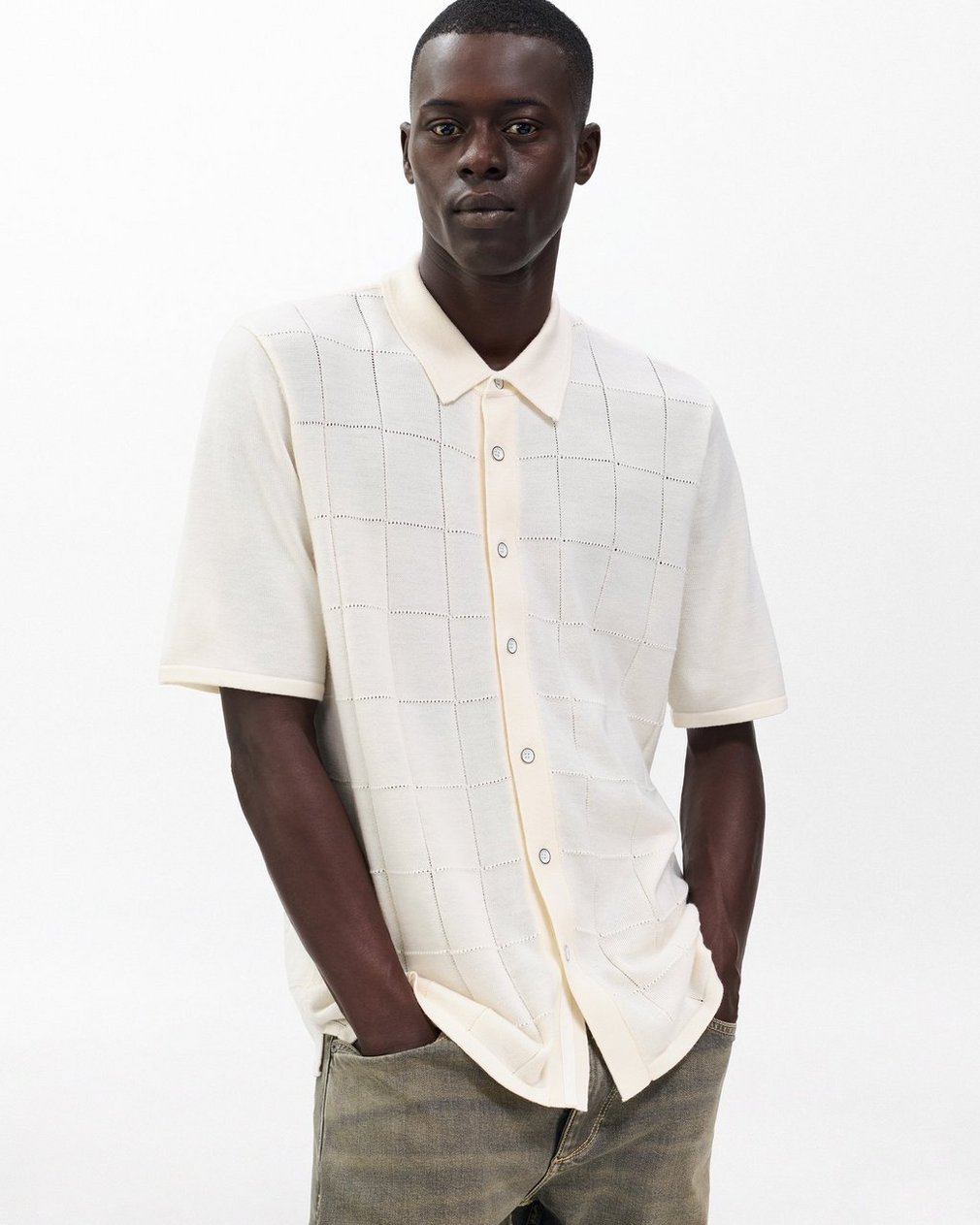 Dalton Windowpane Knit Shirt Ivory