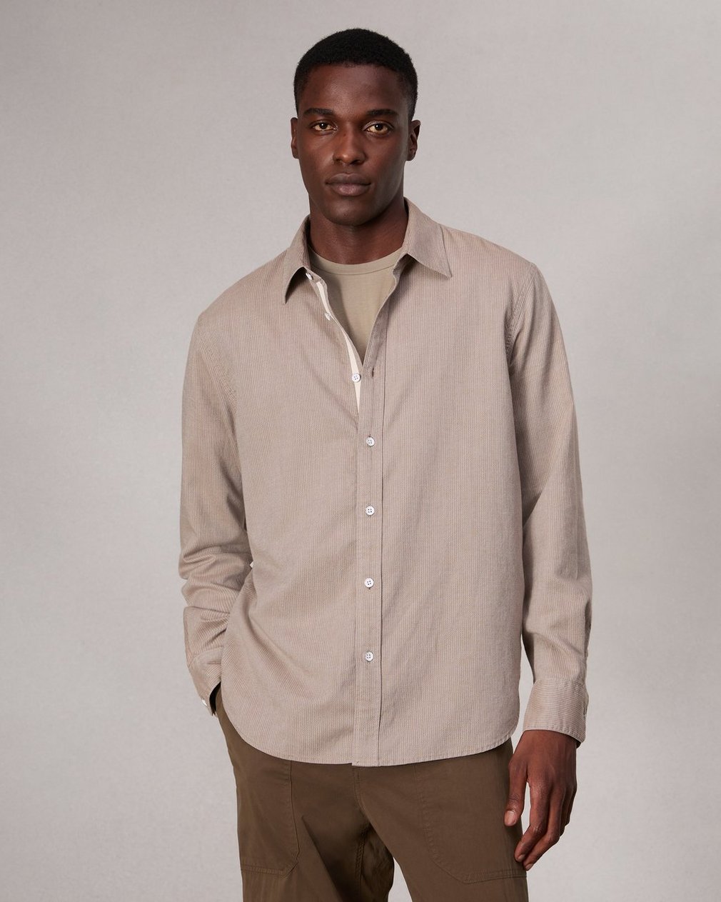 Finch Textured Striped Shirt Khaki Stripe