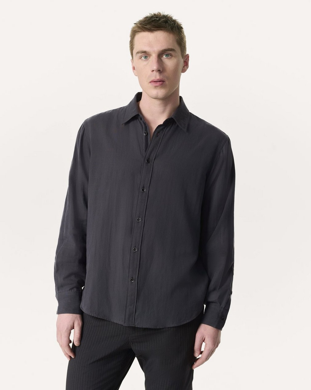 Finch Striped Cotton Gauze Shirt Dark Grey