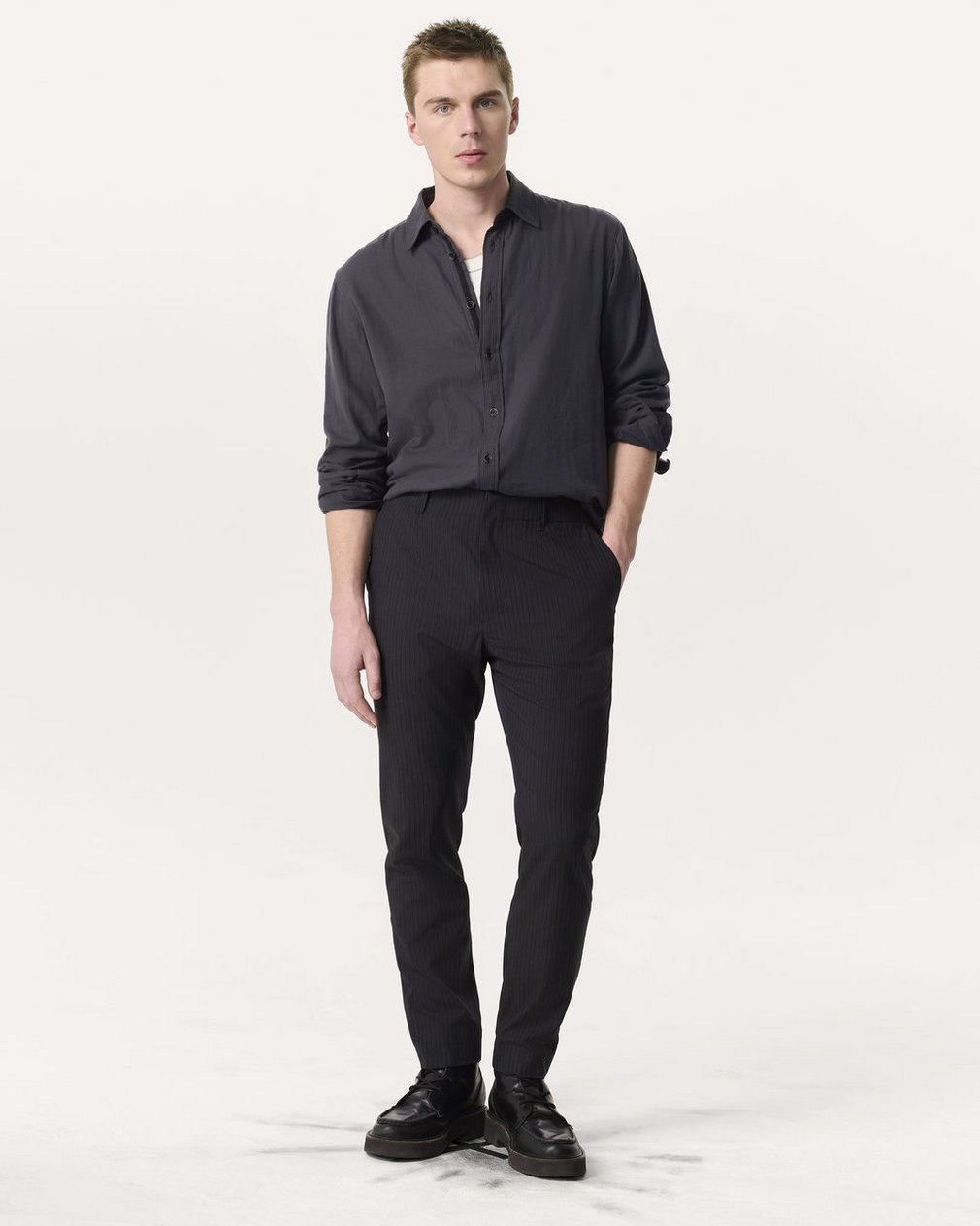 Finch Striped Cotton Gauze Shirt Dark Grey - Image 4