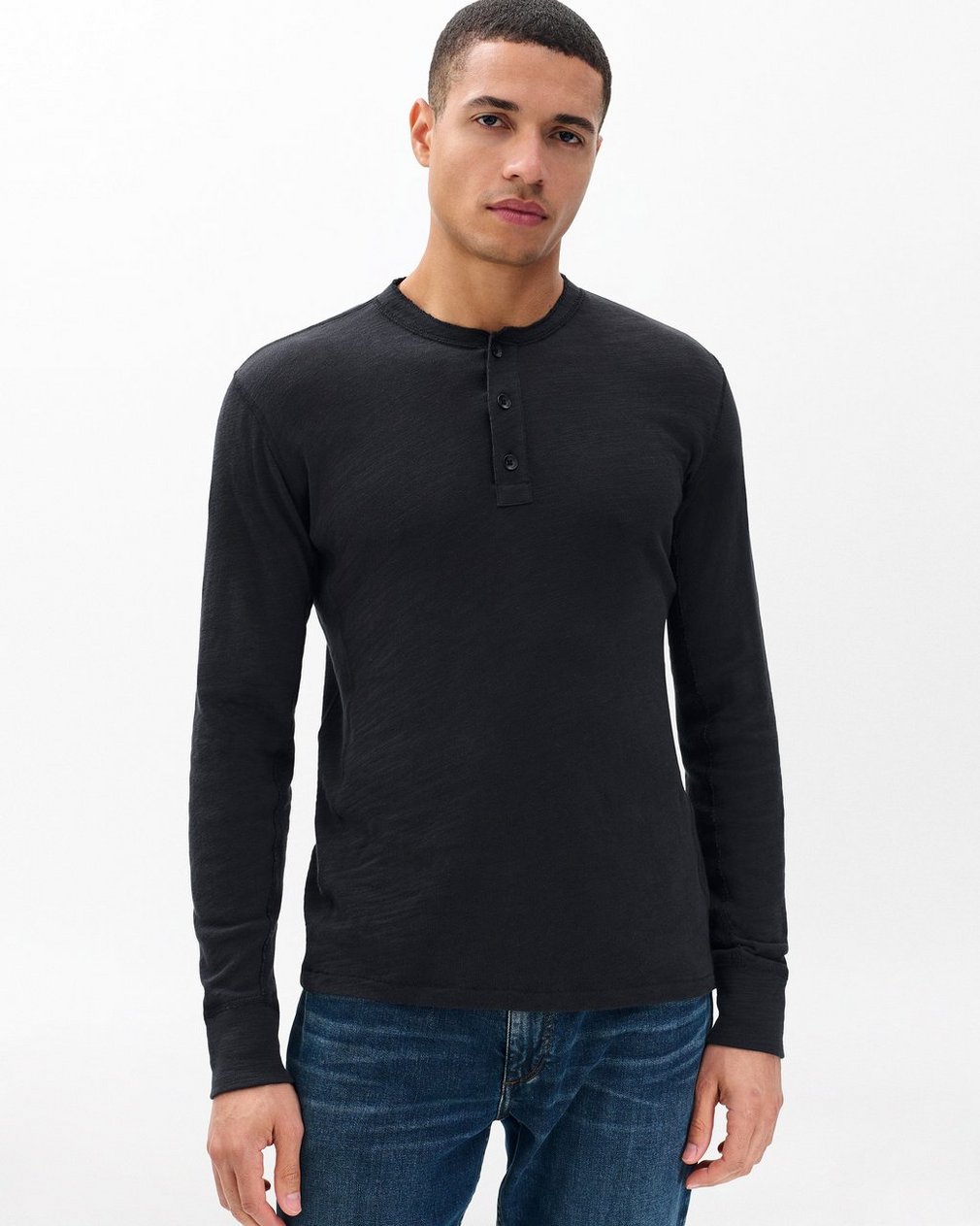 Classic Long-Sleeve Crewneck Henley in Black - Image 2