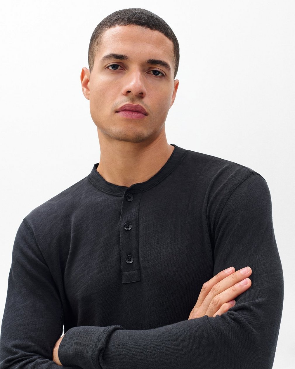 Classic Long-Sleeve Crewneck Henley in Black - Image 4